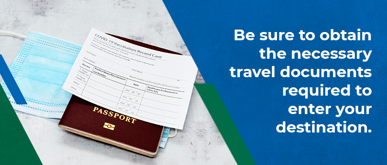 Be sure to obtain the necessary travel documents required to enter your destination - image of a passport, a mask and a COVID vaccine card